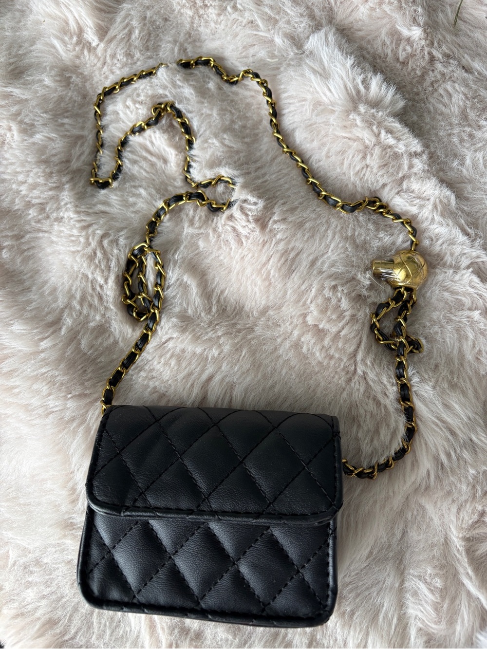 Black Quilted Mini Crossbody Belt Bag Gold Chain Adjustable